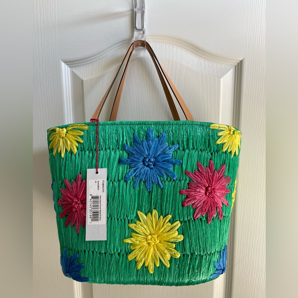 Frances Valentine Green/Multi Embroidered Flower Tote Basket PU Straw NWT